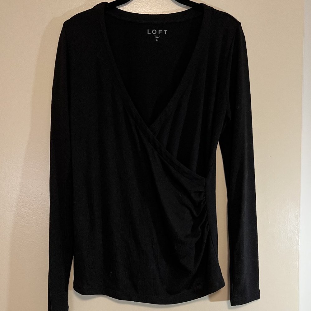 LOFT Black Soft V Neck Faux Wrap Sweater